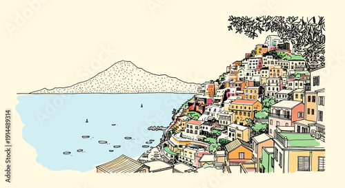 Positano Italy, coastal town illustration, colorful houses, mountain view