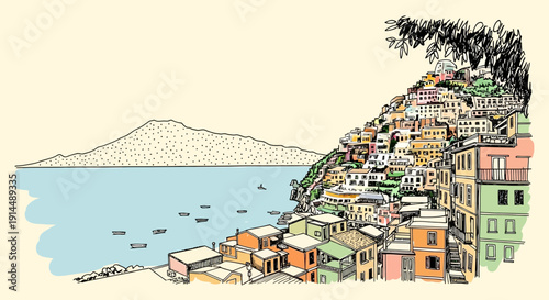coastal town illustration, colorful buildings on a hillside, sea view