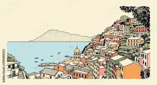 coastal town illustration, colorful buildings, sea view, travel destination