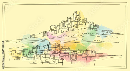 watercolor illustration of a hilltop town, colorful buildings