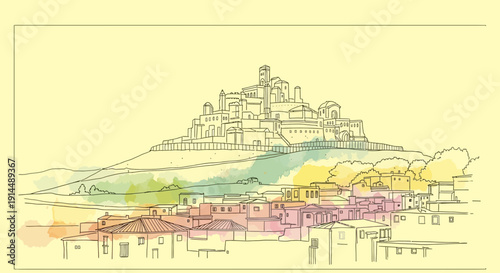 watercolor illustration of a hilltop town, sketch art