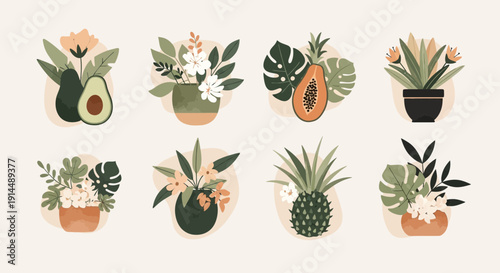 boho floral arrangements, avocado, papaya, pineapple, monstera leaves