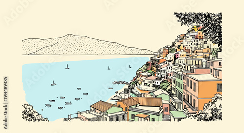 coastal town illustration, colorful buildings, sea view, mountain background