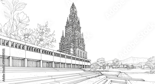 architectural drawing of a tall building with intricate details and a garden