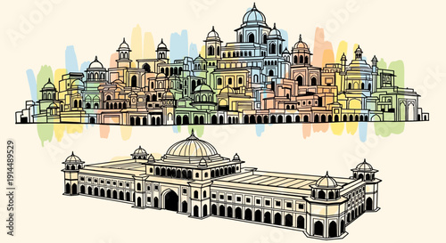 indian architecture illustration, colorful buildings, historical landmarks