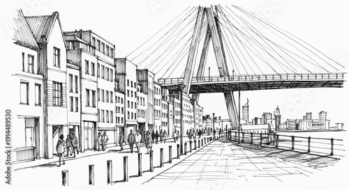 city waterfront bridge, urban architecture drawing