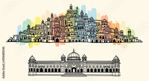 indian architecture, colorful city skyline and historical building illustration