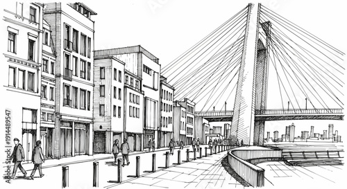 Cityscape with modern architecture and cable-stayed bridge