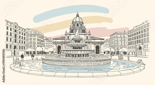 Rome Italy fountain cityscape, architecture illustration
