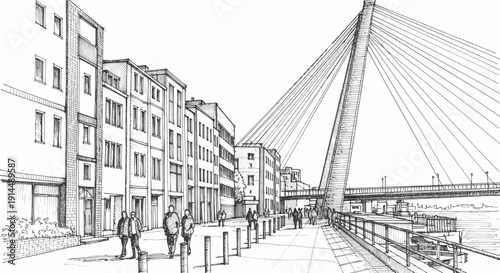 Modern city waterfront with bridge and buildings