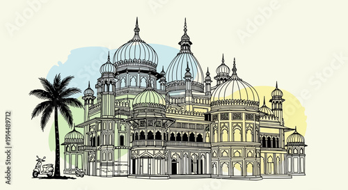 indian palace illustration, architectural drawing, domes and scooter