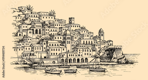 coastal town sketch, mediterranean architecture, seaside village