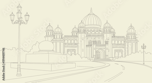 architectural drawing of a grand building with domes and streetlights