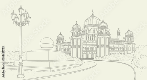 putrajaya palace sketch, islamic architecture, malaysia landmark, dome building