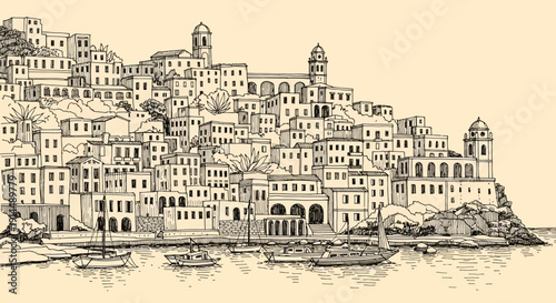 coastal town illustration, buildings on the hill, boats in the sea