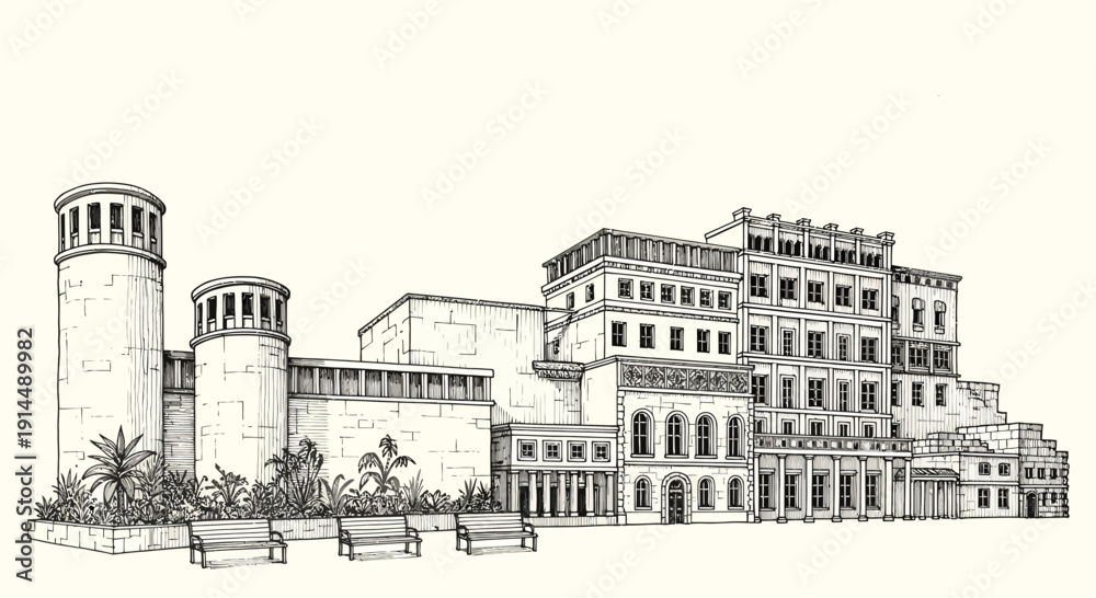 Fototapeta premium architectural drawing of a building complex, black and white