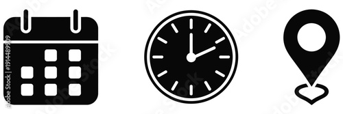 Address, time, and date icons set, including address location icon, clock icon, calendar icon, vector illustrations of time, date, and location symbols, perfect for apps, websites, scheduling tools