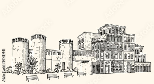 architectural sketch, historical building, city illustration, artistic drawing
