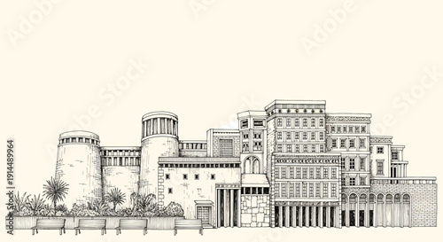 ancient city illustration, historical architecture, urban landscape drawing