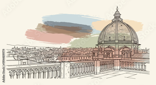rome cityscape sketch, st peter's basilica dome, architecture travel art