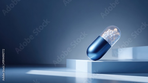 A blue and silver capsule lies on a soft blue background, representing medicine and healthcare