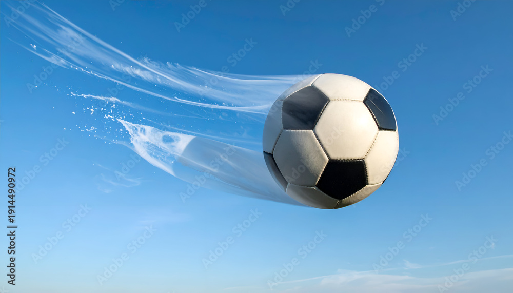 Naklejka premium Soccer ball flying through the blue sky with motion blur.