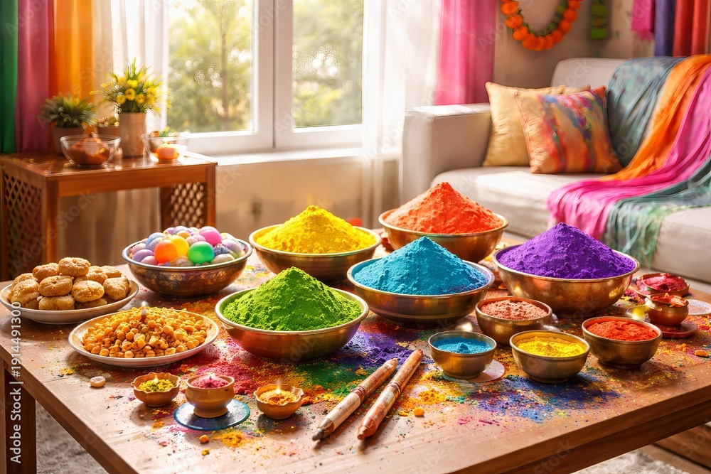 Fototapeta premium Colorful Holi festival celebration with bowls of vibrant gulal powder in living room , traditional sweets, and snacks on a decorated table at home