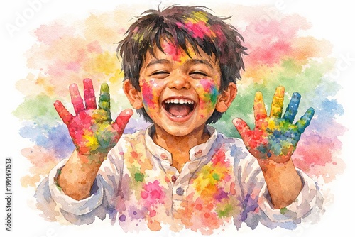 Happy child with colorful face and hands celebrating Holi festival, showing tradition, joy, and watercolor art. Indian spring holiday