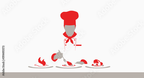Chef in red hat plating meat dish with three plates