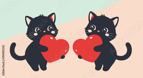 Two black cats with red hearts facing each other