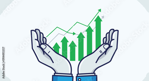 Hands Holding Growing Green Arrows and Mountain Lines