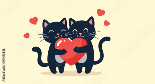 Two Black Cats Hugging Heart in Love