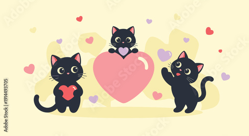 Three black cats with hearts and large pink heart in a cheerful Valentine's scene