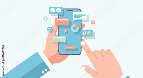 Hands Interacting with Smartphone with Messages and Chat Bubbles