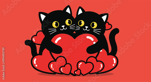 Two black cats with red heart shapes