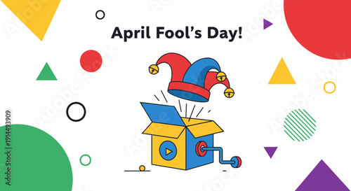 Colorful April Fool's Day jester hat popping out of a jack-in-the-box