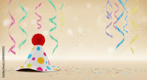 Vibrant party hat with colorful confetti and ribbons on beige background