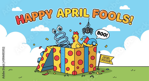 Playful April Fools' Day scene with chicken and spider surprise