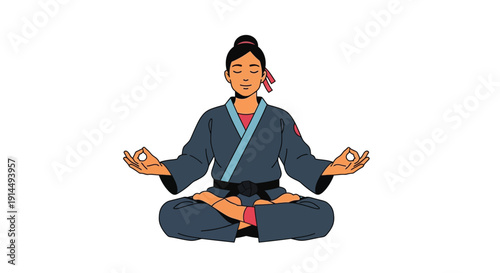 A serene person in a martial arts gi with a black belt meditating in a lotus position, demonstrating focus and inner peace.