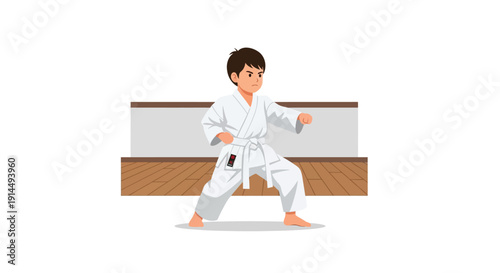 Young boy in white karate gi practicing a martial arts stance indoors, demonstrating focus and discipline.