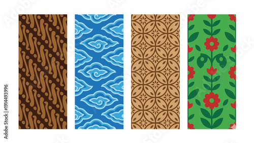 Indonesian Batik Textile Pattern Swatch Icon Set