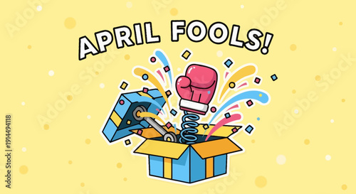 Vibrant April Fools' Day box springing a boxing glove surprise