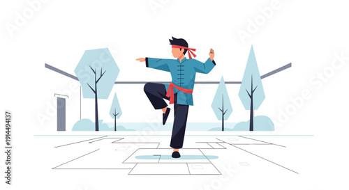 An illustration of a person in traditional martial arts uniform practicing a balanced pose outdoors in a stylized park setting.