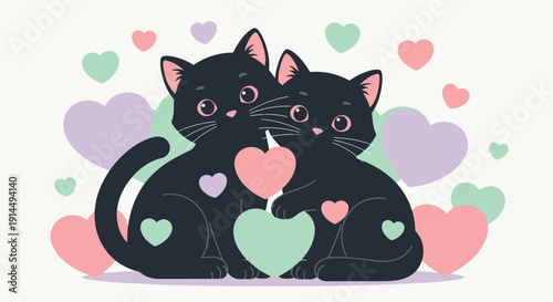 Two Black Cats with Hearts and Pastel Heart Shapes