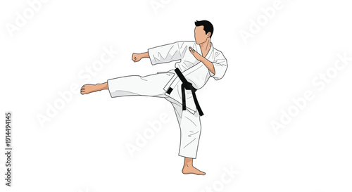 A male karate practitioner in a white gi with a black belt performs a powerful side kick during martial arts training.