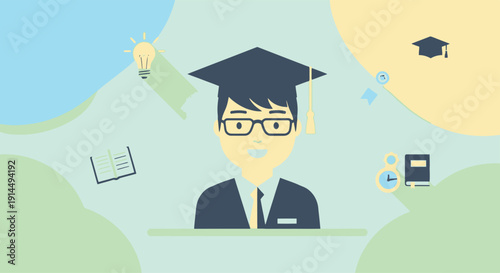 Graduation student with mortarboard and academic symbols