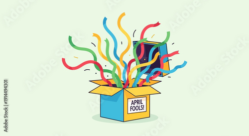 Colorful April Fools celebration with confetti and gift box