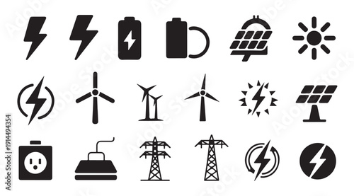 Electrical infrastructure icons set with power lines solar panels wind turbines and batteries