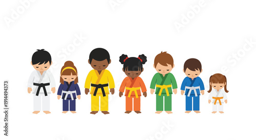 Cute cartoon children of diverse ethnicities wearing martial arts gis and colored belts, standing in a line, representing different ages and skill levels.