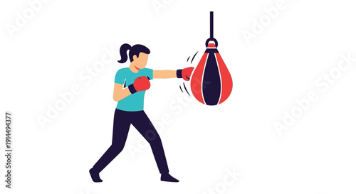 A woman in boxing gloves punching a speed bag during a workout session, demonstrating fitness and training.